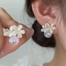  New Fashion Zircon Flower Stud Earrings For Women Korean Shiny Crystal Imitation Pearl Earring Bridal Wedding Party Jewelry