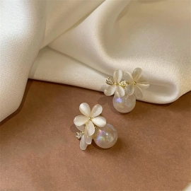  New Fashion Zircon Flower Stud Earrings For Women Korean Shiny Crystal Imitation Pearl Earring Bridal Wedding Party Jewelry